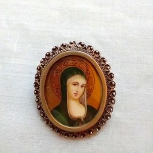 Antique 800 Silver Hand painted Virgin Mary Madonna Pendant Brooch